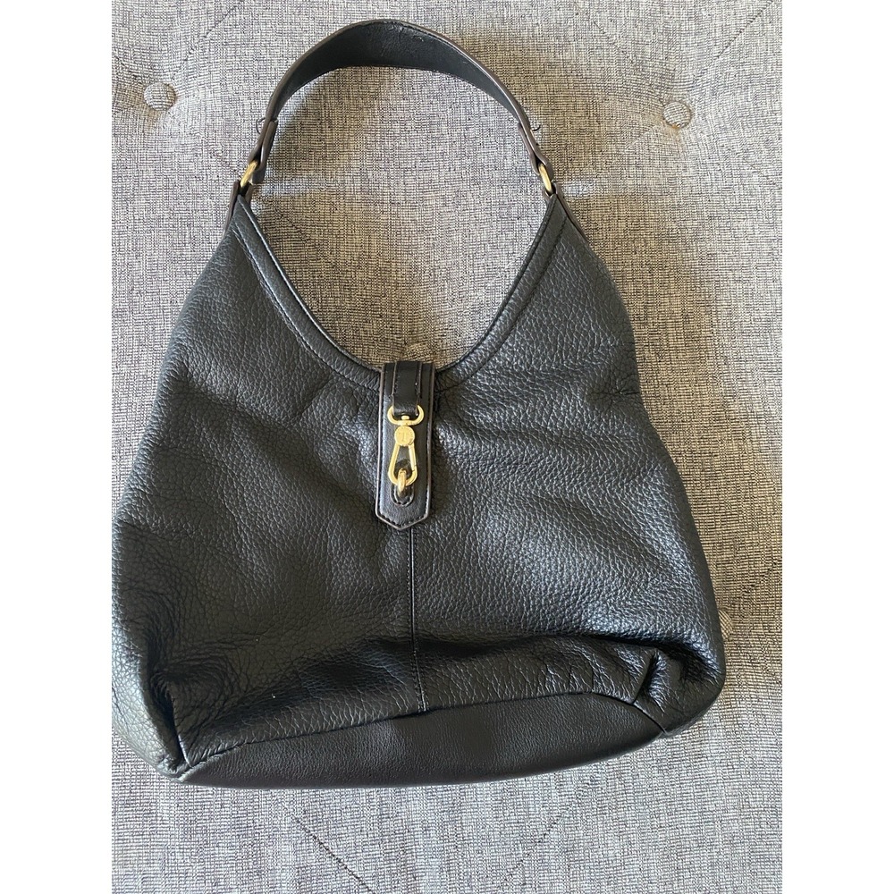 Tignanello Black Pebbled Leather HoBo Shoulder Bag Hand Bag Gold Tone
